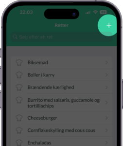 Et billede af Nem Madplan appen med et plus i højre hjørne, som er der hvor du skal trykke for at tilføje en ny ret eller opskrift til appen