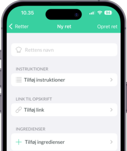 Et billede af Nem Madplan appen oprettelse af ny ret, hvor du kan indtaste Rettens navn, Instruktioner eller link til en opskrift. 