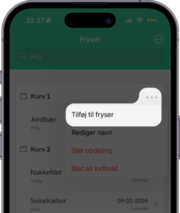 Billede viser at du med Nem Madplans fryser funktion, kan holde styr på hvad der er i din fryser. Du kan på en kurv trykke på "Tilføj til fryser"