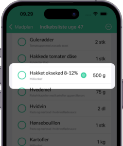 Billede viser hvordan Nem Madplans smarte indkøbsliste kan se om du har den vare du skal til at købe i fryseren, i stedet for at købe den. 
