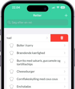 Som billede viser, kommer der en rød knap med en skraldespand, når du swiper på en ret (opskrift). Du sletter retten ved at trykke på knappen. 