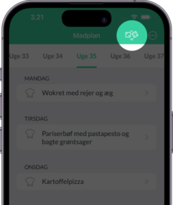 Billede viser at du kan trykke på terningerne i øverste højre hjørne for at fordele (shuffle) din madplan med retter (opskrifter)