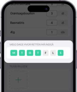 Billede viser at du via knapper kan vælge hvilke dage denne ret (opskrift) må indgå i en madplan. Hvis en knap er grøn så indgår retten på den dag, hvis den er grå, indgår retten ikke i denne dag. 