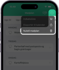 Billede viser at du kan nulstille din madplan ved at trykke på de tre prikker i øverste højre hjørne under Madplan.
