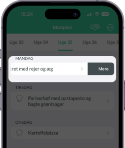 Billede viser at du kan swipe til venstre på en ret (opskrift) i en ugentlig madplan og se knappen "Mere"