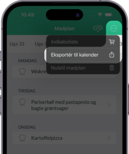 Billede viser at du kan eksportere din madplan til en kalender på din telefon. F.eks. en fælles kalender du har sammen med din familie. 