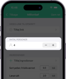 Billede viser at du kan vælge hvor mange personer denne ret kan laves til, med de ingredienser den er indstillet til at indeholde. 