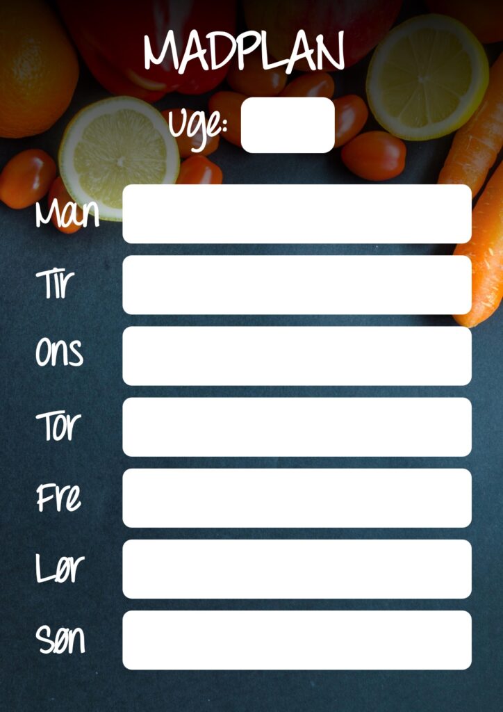Madplan skabelon 1 som du nemt kan redigere i og printe