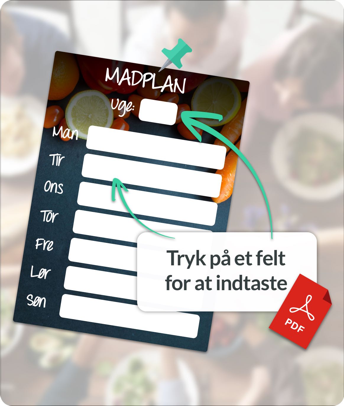 Billede viser hvordan du nemt kan redigere i en madplan skabelon fra Nem Madplan fordi det er en PDF.