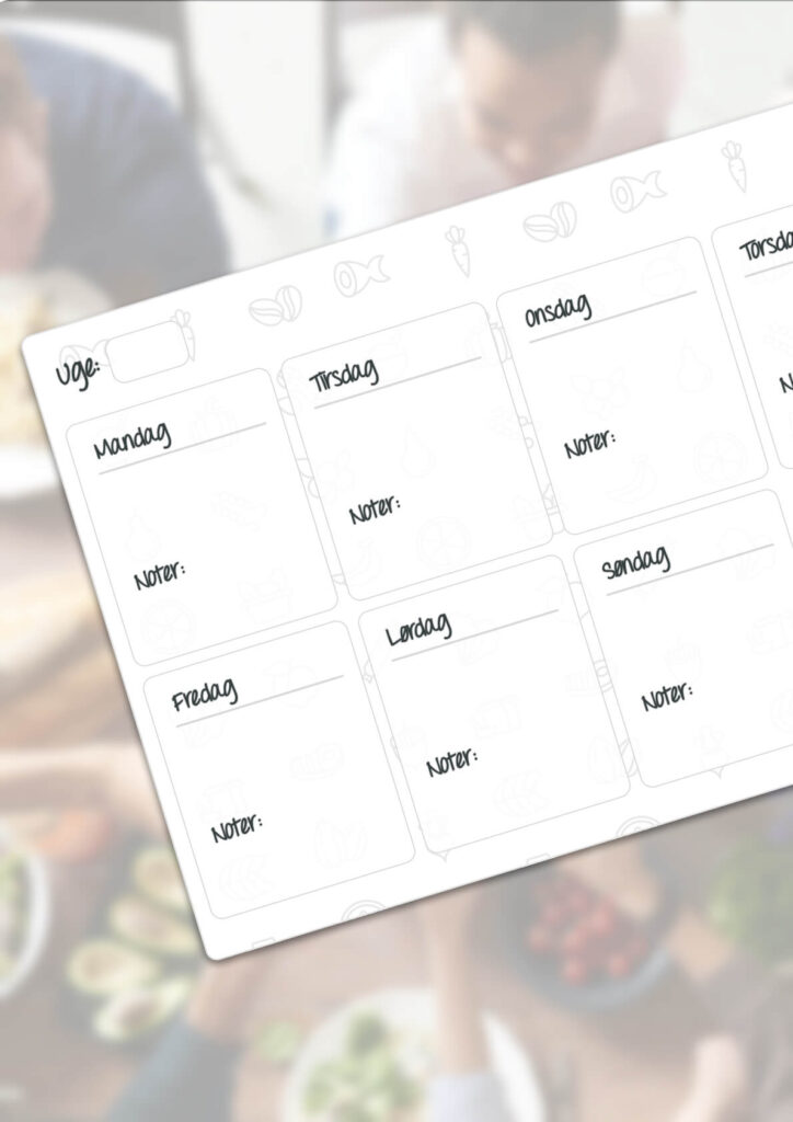 En vandret madplan skabelon som du kan bruge til at printe og sæte på køleskabet