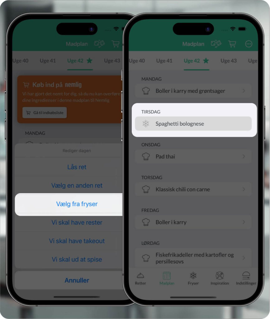 To skærmbilleder side om side; det første viser Madplan-sektionen med en mulighed for at vælge “Vælg fra fryser” i en menu, og det andet viser den valgte ret fra fryseren.