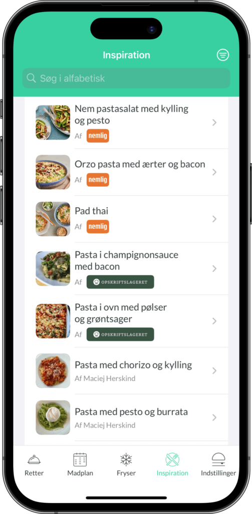 Du kan importere og bruge en masse spændende retter og opskrifter i Nem Madplan appen som du kan bruge i din madplan. 