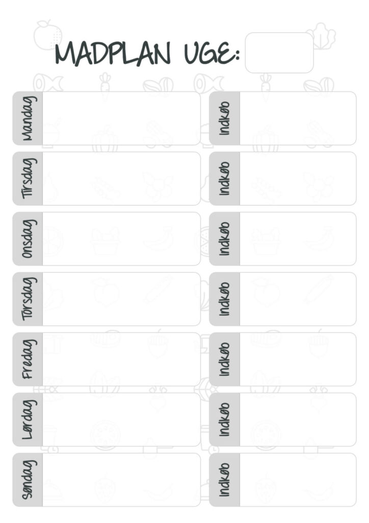 Madplan pdf skabelon med plads til noter til indkøb
