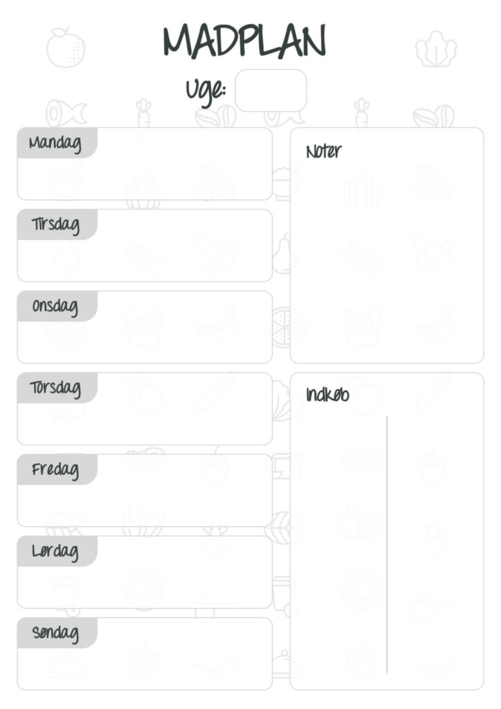 Madplan skabelon med noter og indkøbsliste