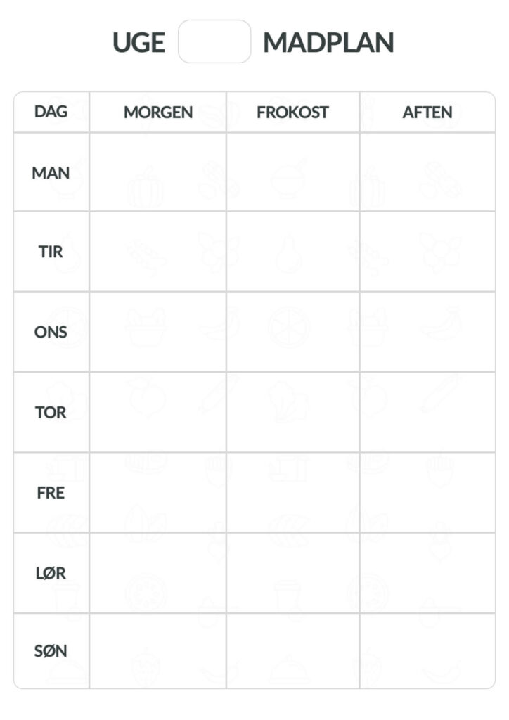 Madplan skabelon med 7 dage, og plads til at udfylde morgenmad, frokost og aftensmad