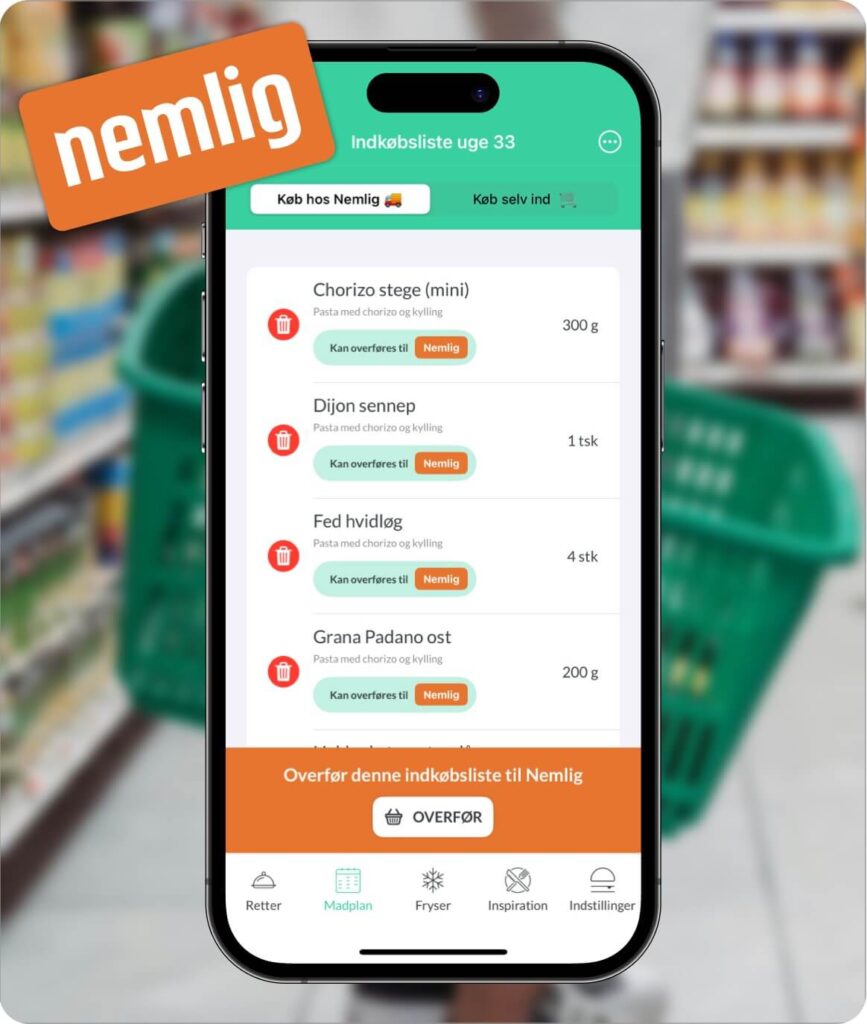 Nem madplan app med indkøbsliste og integration med nemlig.com