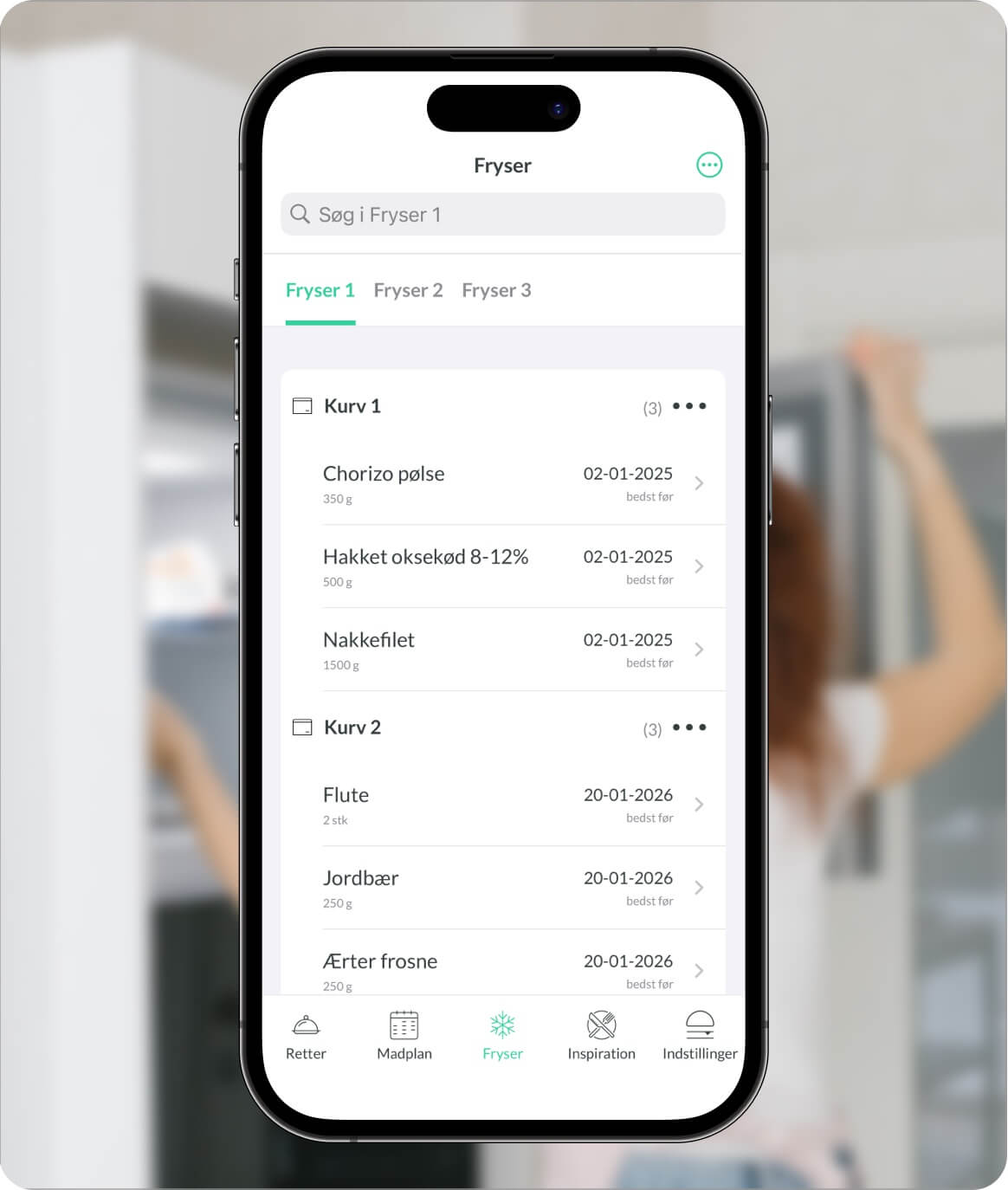 Nem Madplan appen har også en fryser funktion, hvor du kan indtaste alt hvad du har i din fryser. I vores app kan du oprette alle de frysere du vil, som andre apps der ude kræver ekstra betaling for.
