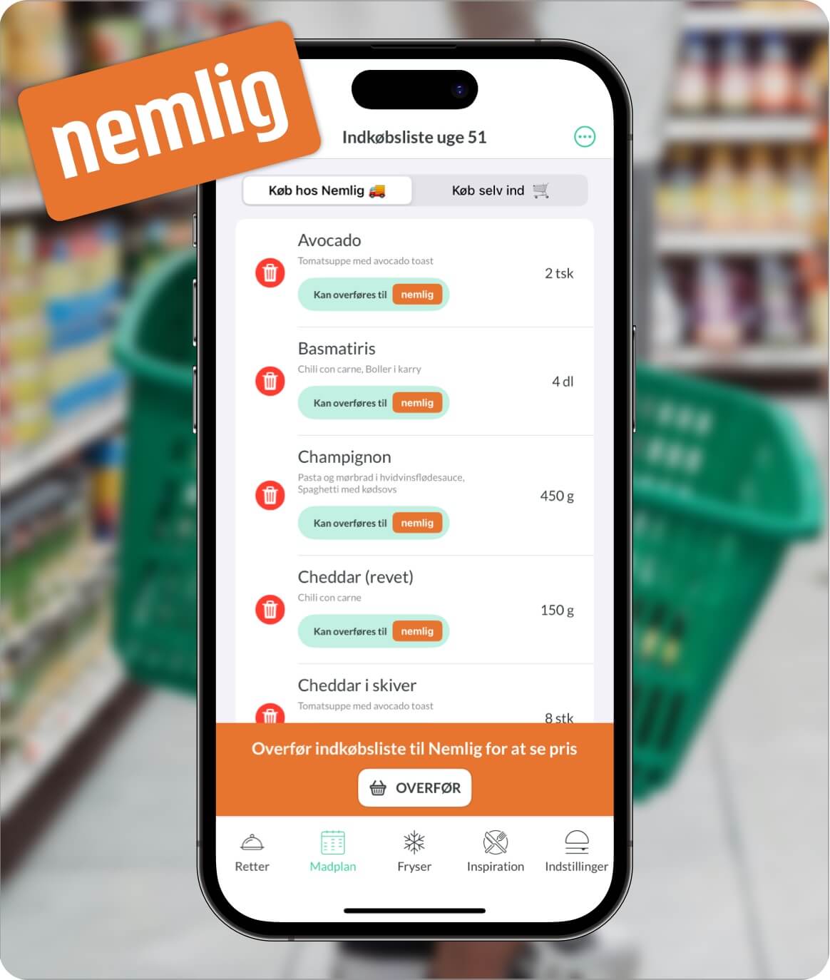 Med Nem Madplan appen kan du eksportere din indkøbsliste fra din madplan til nemlig.com. Det har aldrig været nemmere at lave madplan og på samme tid købe ind til den.
