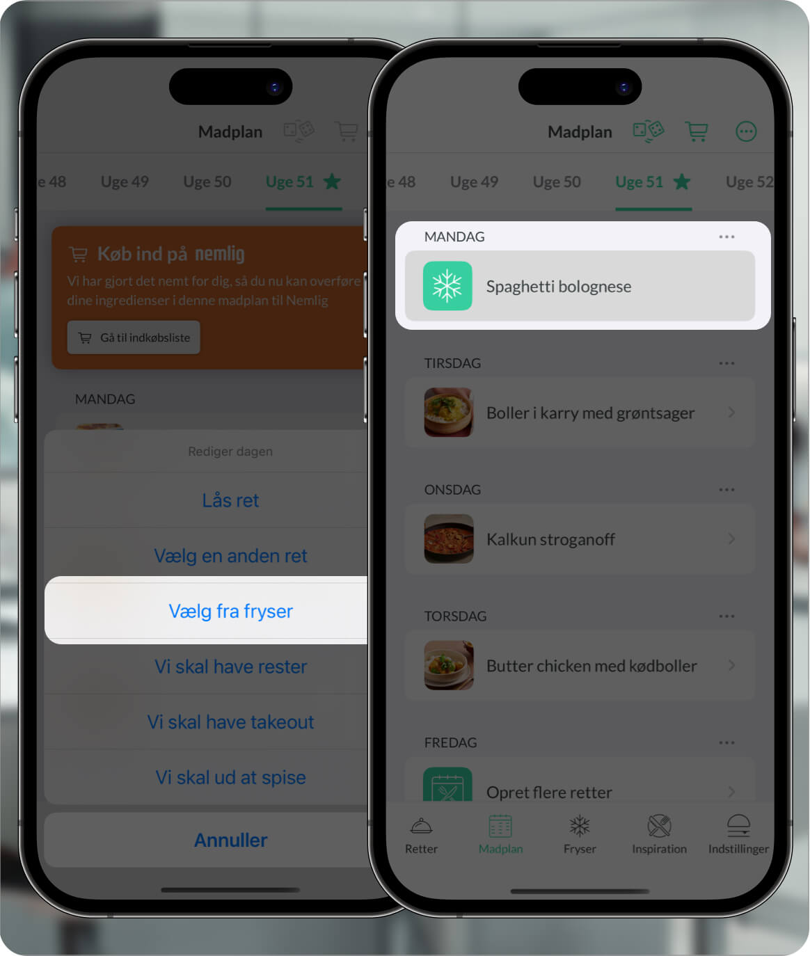 To skærmbilleder side om side; det første viser Madplan-sektionen med en mulighed for at vælge “Vælg fra fryser” i en menu, og det andet viser den valgte ret fra fryseren.