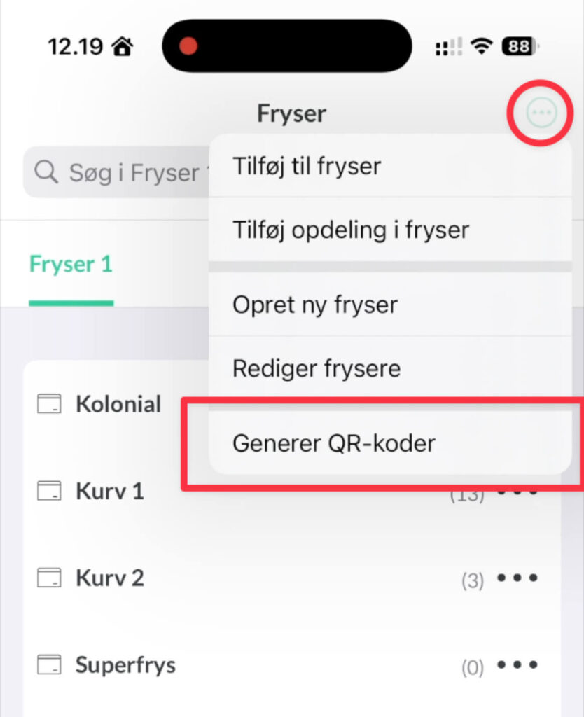 Generer QR-koder fra inde under Fryser i Nem Madplan appen