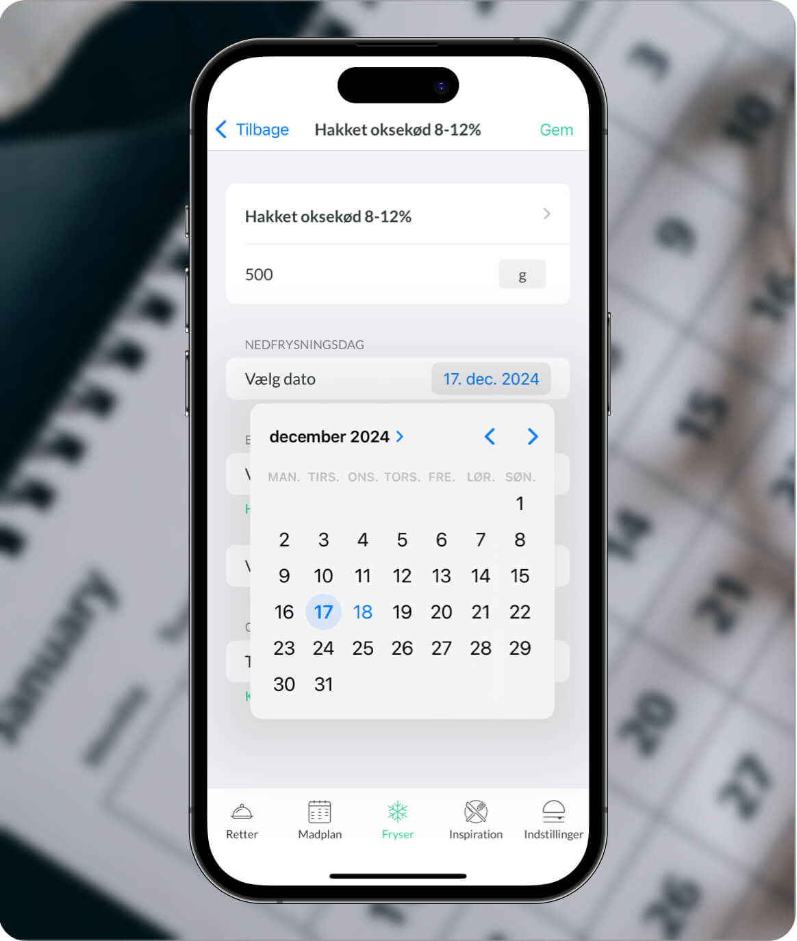Skærmbillede, der viser valg af nedfrysningsdato for en vare i Nem Madplan appen med dags dato markeret.