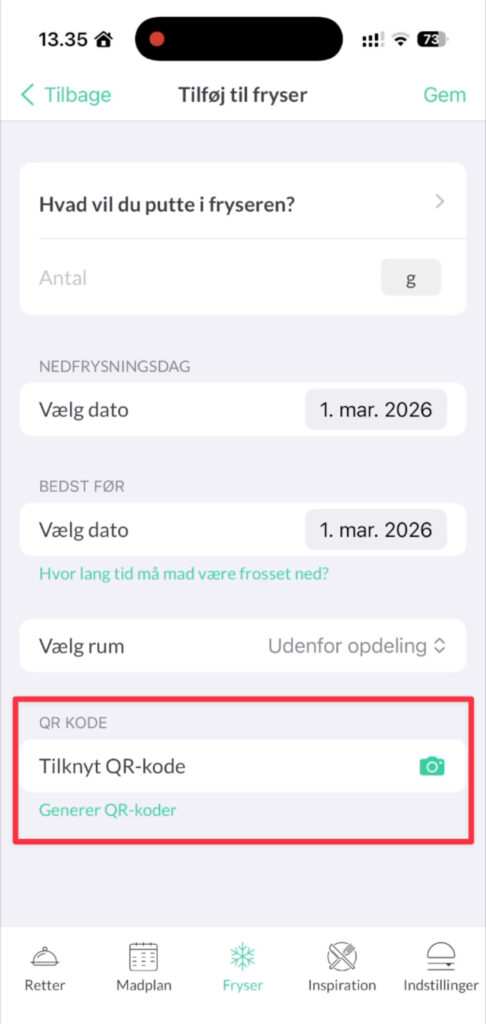 Oprettelse af frysergenstand i Nem Madplan med tilknytning af QR-kode