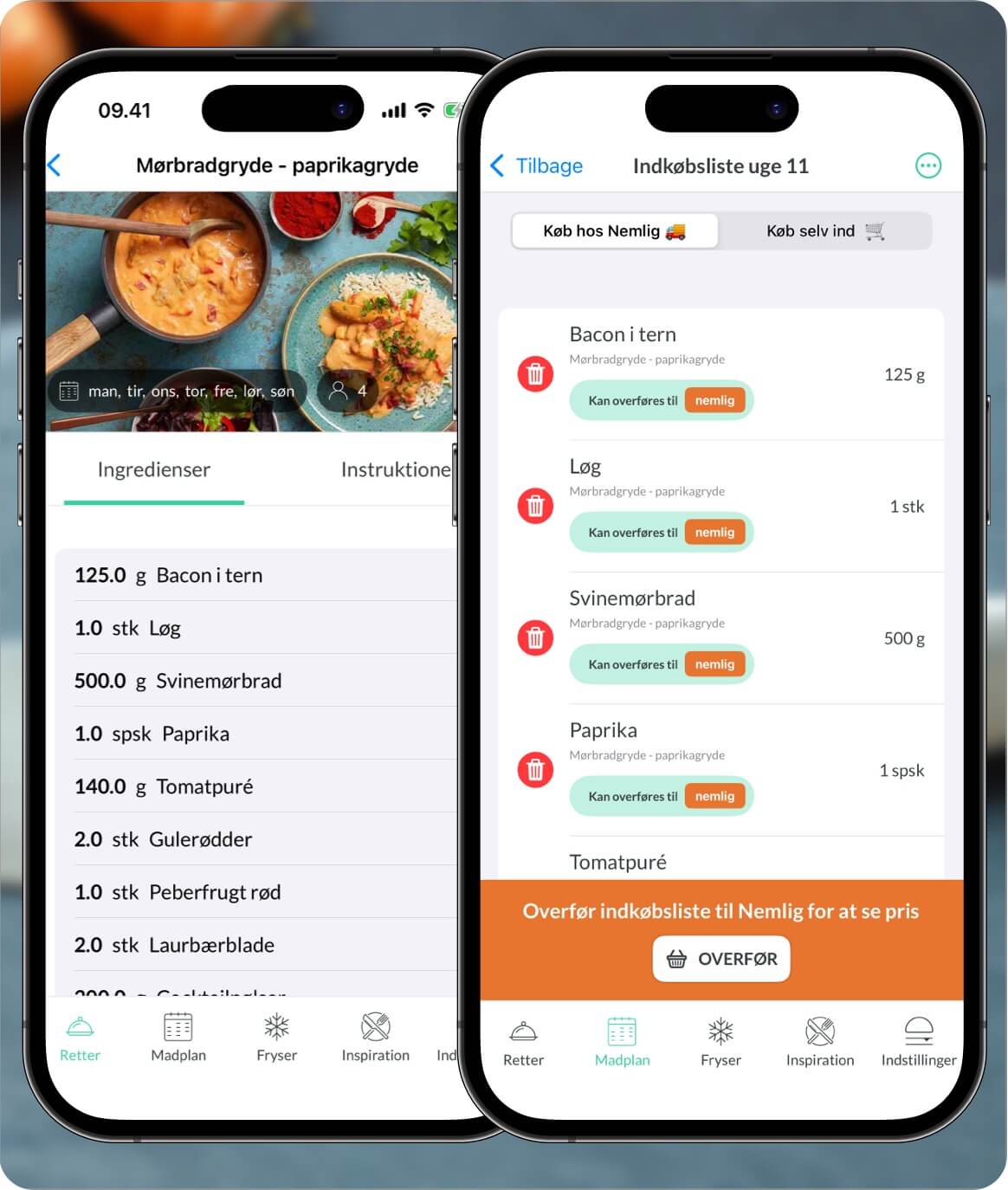 Ingredienser fra opskrift overføres til indkøbsliste i Nem Madplan app.