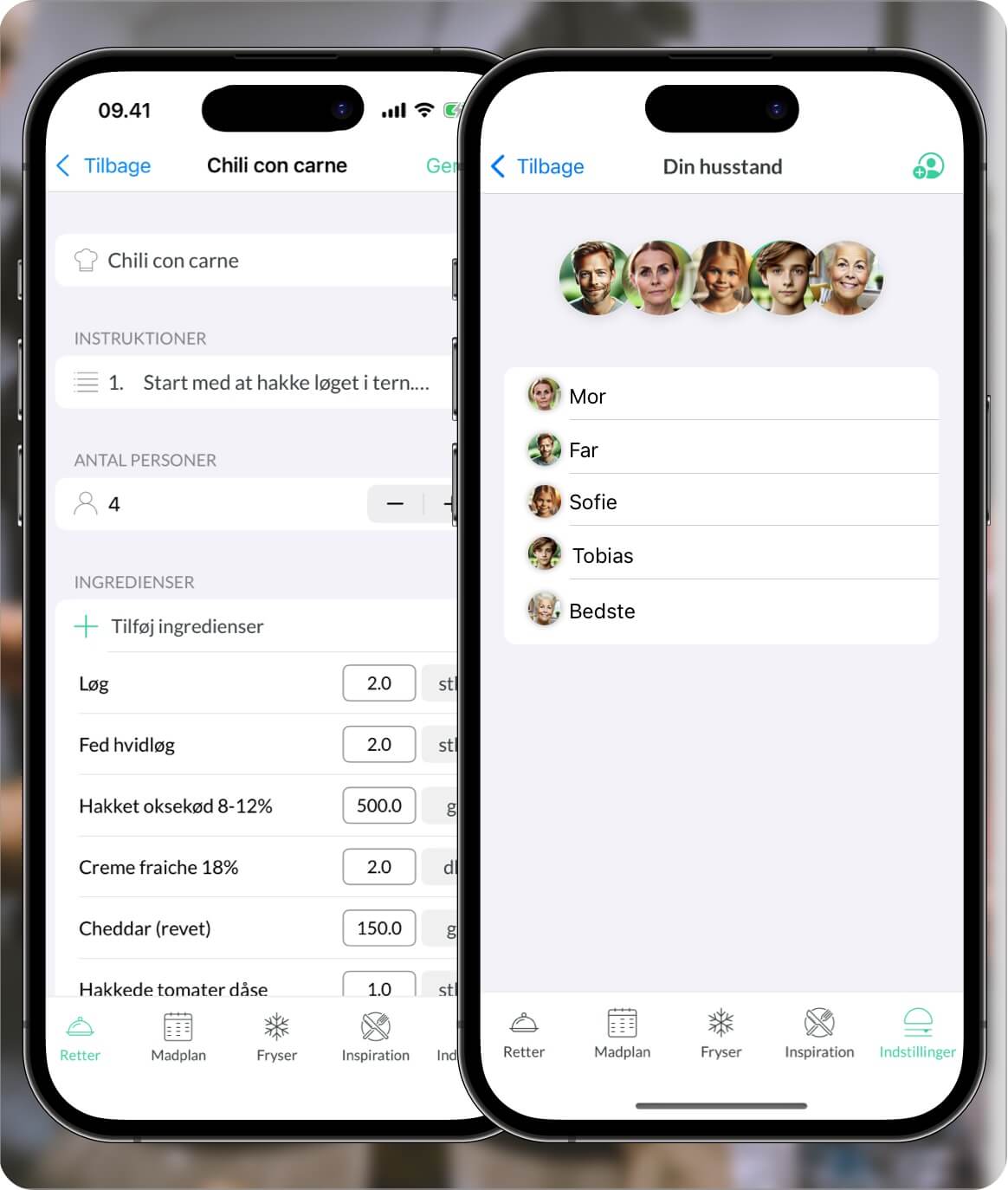 Familie samarbejder om opskrifter i Nem Madplan app.