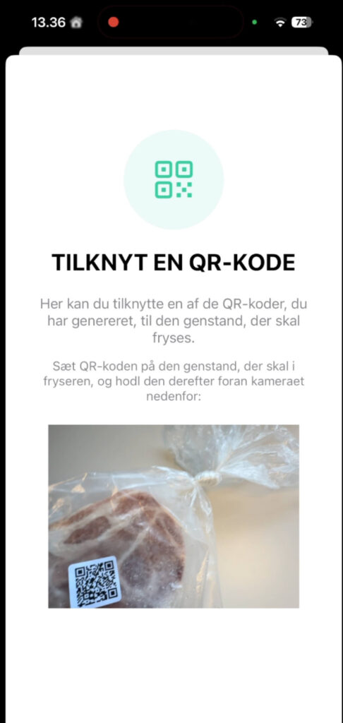 Scanning af QR-kode for at tilknytte den til frysergenstand i Nem Madplan